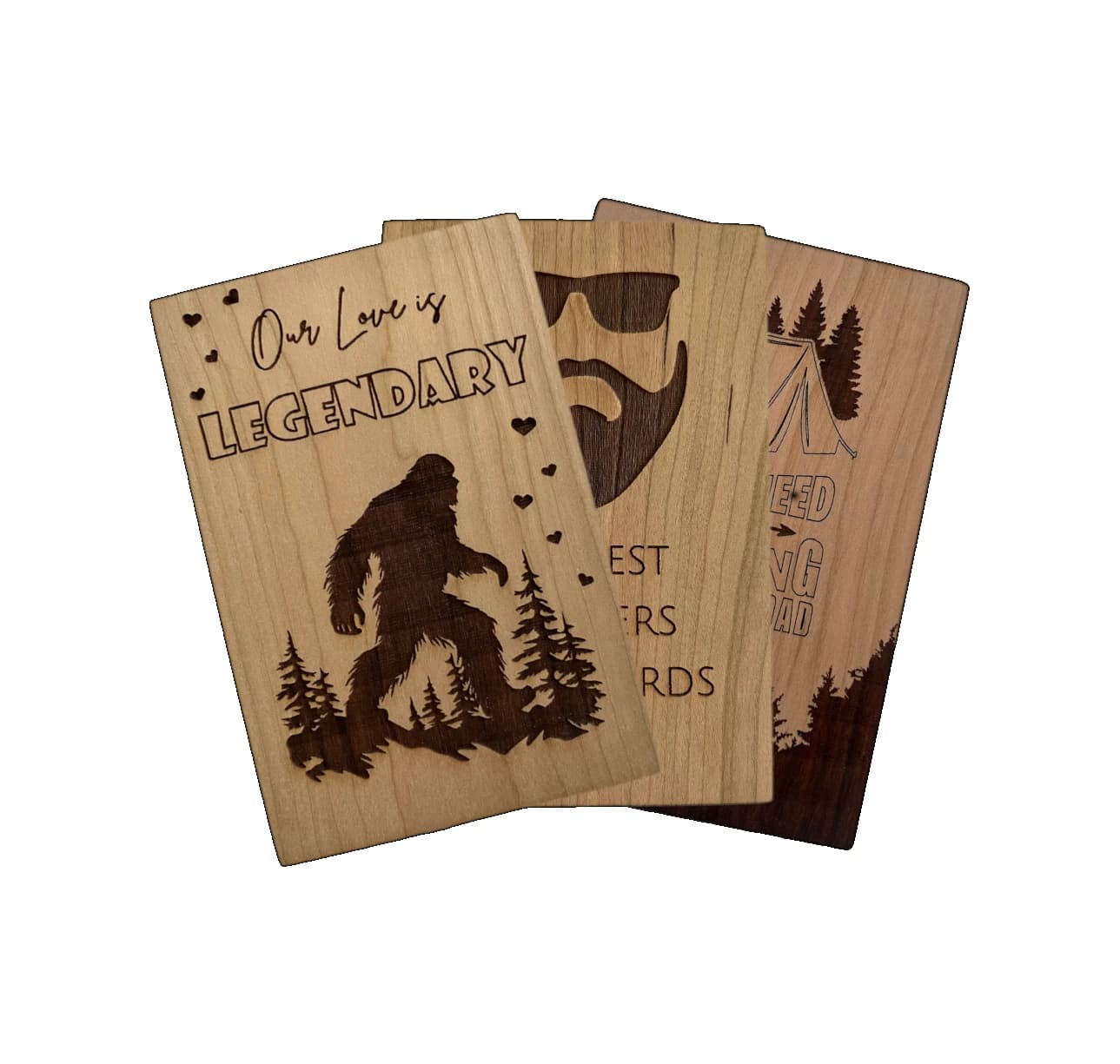 Multiple wooden, laser-engraved cards fanned out.